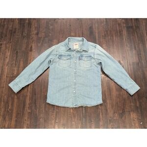 Levis Denim Shirt Youth Medium Blue Snap Western Pearl Snap Pockets Long Sleeve
